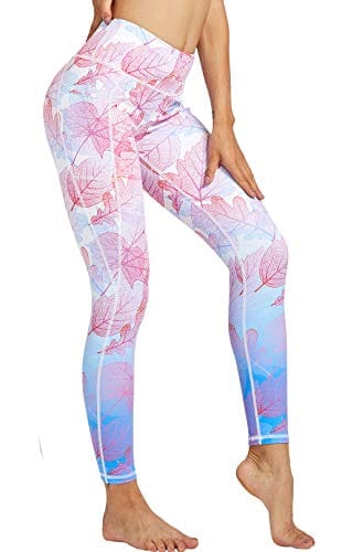 COOLOMG Women's Yoga Pants Printed Leggings Workout Running Tights with Side Pockets Leaves S + Headband