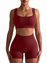 Load image into Gallery viewer, OQQ Workout Outfits for Women 2 Piece Seamless Ribbed High Waist Leggings with Sports Bra Exercise Set WineRed
