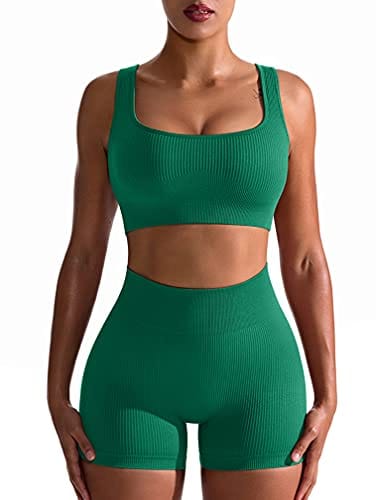 OQQ Workout Outfits for Women 2 Piece Seamless Ribbed High Waist Leggings with Sports Bra Exercise Set Green