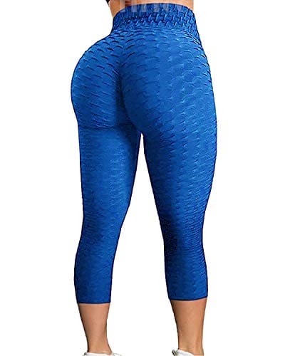 FITTOO Women's High Waist Yoga Pants Tummy Control Scrunched Booty Capri Leggings Workout Running Butt Lift Textured Tights Blue