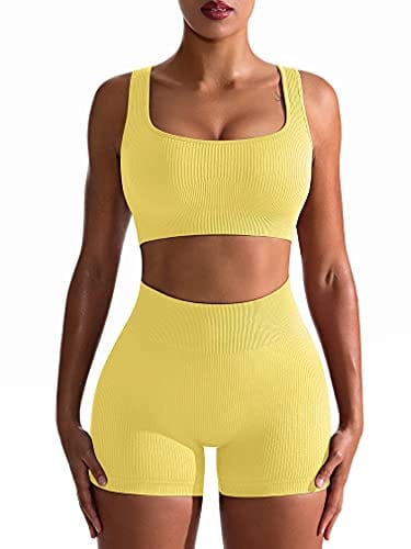 OQQ Workout Outfits for Women 2 Piece Seamless Ribbed High Waist Leggings with Sports Bra Exercise Set Baby Yellow