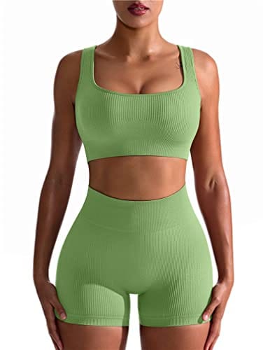 OQQ Workout Outfits for Women 2 Piece Seamless Ribbed High Waist Leggings with Sports Bra Exercise Set Bamboogreen