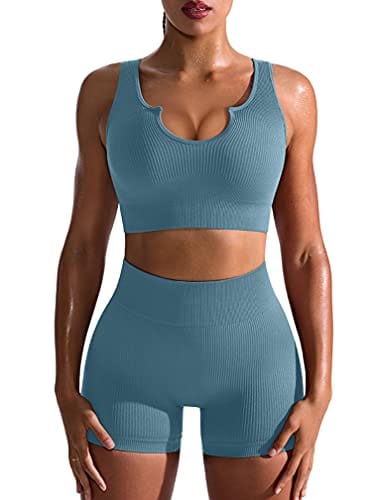 OQQ Workout Outfits for Women 2 Piece Seamless Ribbed High Waist Leggings with Sports Bra Exercise Set Blue1