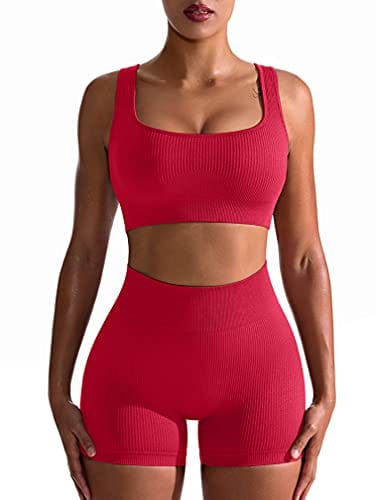 OQQ Workout Outfits for Women 2 Piece Seamless Ribbed High Waist Leggings with Sports Bra Exercise Set Brightred
