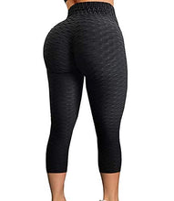 Load image into Gallery viewer, FITTOO Women&#39;s High Waist Textured Yoga Pants Tummy Control Scrunched Booty Capri Leggings Workout Running Butt Lift Textured Tights Black
