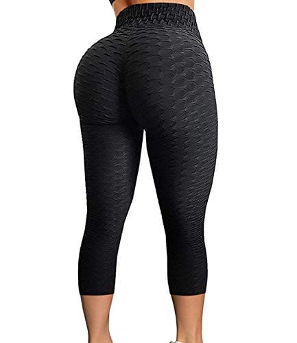 FITTOO Women's High Waist Textured Yoga Pants Tummy Control Scrunched Booty Capri Leggings Workout Running Butt Lift Textured Tights Black
