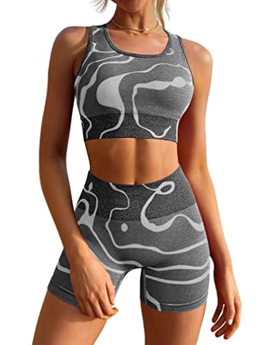 GXIN Women's Workout 2 Piece Outfits High Waist Running Shorts Seamless Gym Yoga Sports Bra Lightgrey