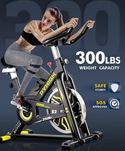 Load image into Gallery viewer, PYHIGH Indoor Cycling Bike Stationary Exercise Bike, Excersize Bike Comfortable Seat Cushion, Belt Drive, Ipad Holder with LCD Monitor for Home Cardio Workout Fitness Machine (Yellow)
