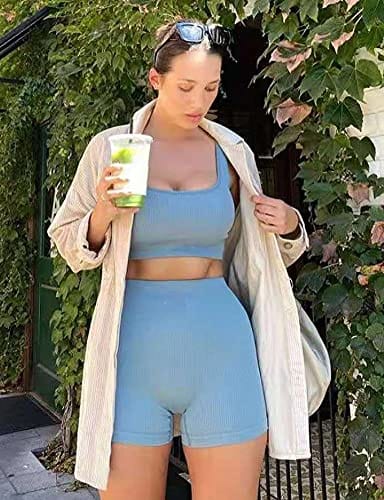 OQQ Workout Outfits for Women 2 Piece Seamless Ribbed High Waist Leggings  with Sports Bra Exercise Set Blue – The Home Fitness Corp