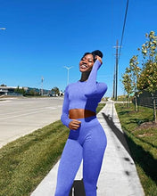 Load image into Gallery viewer, OYS Women&#39;s 2 Piece Tracksuit Workout Outfits Seamless High Waist Leggings Sports Long Sleeve Gym Sets Blue
