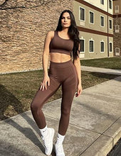 Load image into Gallery viewer, FRESOUGHT Yoga Outfits for Women 2 Piece Set Full Support Sports Bra Matching Gym Active Wear High Waist Tights Legging Set Brown,S
