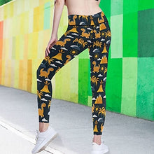 Load image into Gallery viewer, visesunny High Waist Yoga Pants with Pockets Yellow Dinosaurs A Volcano and Palm Tree Buttery Soft Tummy Control Running Workout Pants 4 Way Stretch Pocket Leggings
