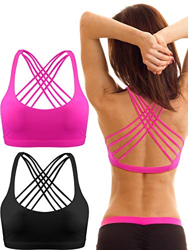 Petelai 2 Pack Women Yoga Sport Bra, Removable Pads Yoga Top Cross Strappy Back Sports Bra (Black and Rose Red, M)
