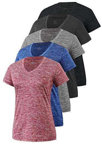 Cosy Pyro Women's Short Sleeve V-Neck Athletic T-Shirt Exercise Yoga Tees Dry Fit Gym Shirts Moisture Wicking Workout Tops Pack of 5 Black1/Black/Gray/Navy/Wine XL