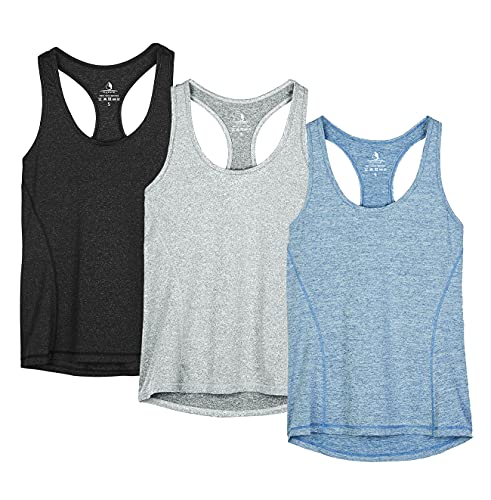 icyzone Workout Tank Tops for Women - Racerback Athletic Yoga Tops, Running Exercise Gym Shirts(Pack of 3)(L, Black/Granite/Blue)