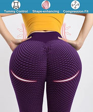 Load image into Gallery viewer, AIMILIA Textured Anti Cellulite Leggings for Women High Waisted Yoga Pants Workout Tummy Control Sport Tights Y-tight-purple
