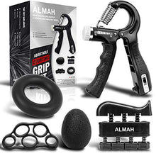 Load image into Gallery viewer, ALMAH Hand Grip Strengthener kit(5 Pack),Grip Strength Trainer,Forearm Workout Trainer Adjustable Hand Grip Exercise,Finger Strength Exerciser, Finger Stretcher, Grip Ring &amp; Stress Relief Ball with Carry Bag
