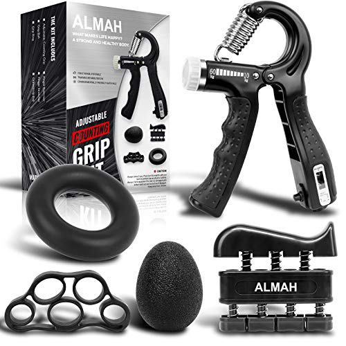 ALMAH Hand Grip Strengthener kit(5 Pack),Grip Strength Trainer,Forearm Workout Trainer Adjustable Hand Grip Exercise,Finger Strength Exerciser, Finger Stretcher, Grip Ring & Stress Relief Ball with Carry Bag