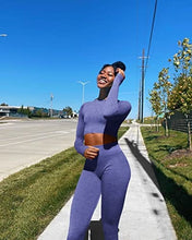 Load image into Gallery viewer, OYS Women&#39;s 2 Piece Tracksuit Workout Outfits Seamless High Waist Leggings Sports Long Sleeve Gym Sets Blue grey
