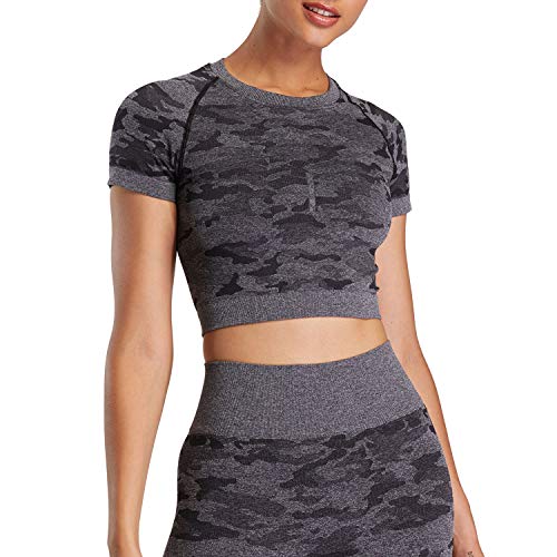 Aoxjox Women's Workout Short Sleeve Seamless Camo Crop Top Gym Sport Shirts (Camo/Black Charcoal, Medium)
