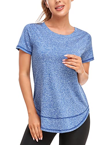 Abrooical Gym Wear Womens Short Sleeve Training Tops Workout Running Wicking Shirts Breathable Side Split Tees Blue Large