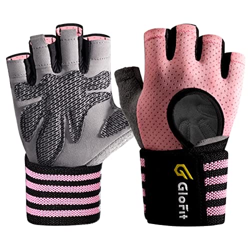 Glofit Workout Gloves with Wrist Wrap Support for Men & Women, Weight Lifting Gloves with Cuved Open Back Fingerless for Cycling, Gym, Training, Crossfit (Medium, Pink)