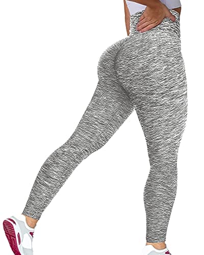 Murandick Textured Leggings for Women Scrunch High Waist Textured Yoga Workout Pants - Grey White