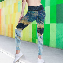 Load image into Gallery viewer, visesunny High Waist Yoga Pants with Pockets Blue Marble Pattern Gold Foil Glitter Decor Buttery Soft Tummy Control Running Workout Pants 4 Way Stretch Pocket Leggings
