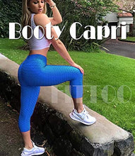 Load image into Gallery viewer, FITTOO Women&#39;s High Waist Yoga Pants Tummy Control Scrunched Booty Capri Leggings Workout Running Butt Lift Textured Tights Blue
