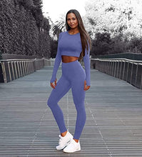 Load image into Gallery viewer, OYS Women&#39;s 2 Piece Tracksuit Workout Outfits Seamless High Waist Leggings Sports Long Sleeve Gym Sets Blue grey
