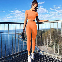 Load image into Gallery viewer, OYS Womens Yoga 2 Pieces Workout Outfits Seamless High Waist Leggings Sports Crop Top Running Sets Orange
