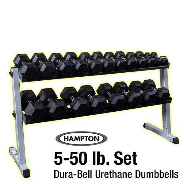 Hampton 5-50 lb. Urethane DuraBell Dumbbell Set with Rack 20 Weight Set - The Home Fitness Corp